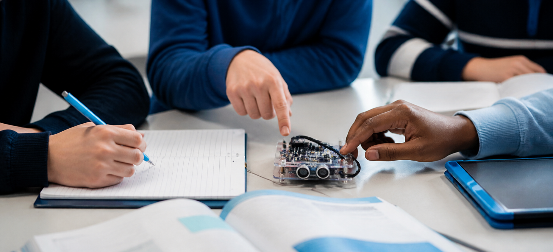 Studenti collaborano a un’attività didattica con un dispositivo elettronico, quaderni e tablet